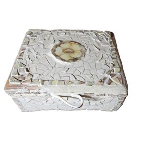 Large vintage mosaic handmade jewelry box with tea cup handle.